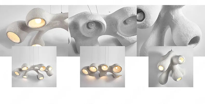 Odense Cocoon sculptural cloud pendant chandelier white multi-panel collage showing close-up cavity details and multiple variant configurations including 3-head, 5-head, and 7-head forms — LivDecor
