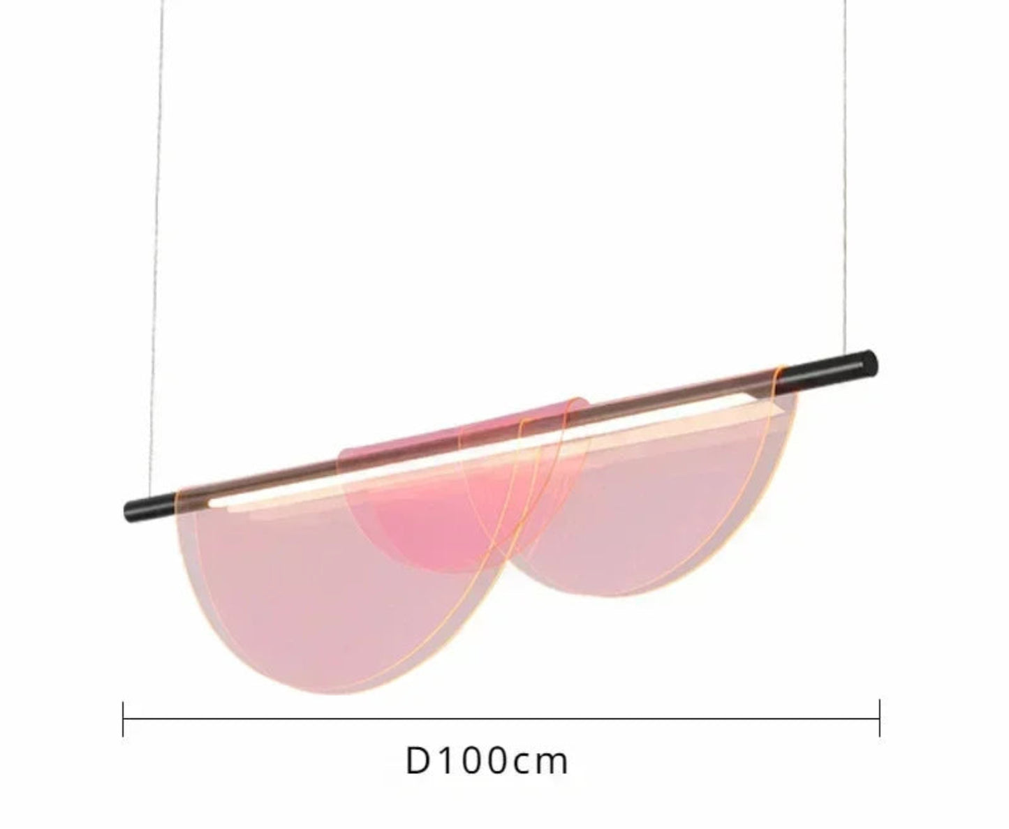 Pink iridescent acrylic petal pendant light measuring 100cm wide by 12cm deep by 25cm tall with a black hardware rod and LED dual color light source, shown on a white background with dimensions — LivDecor