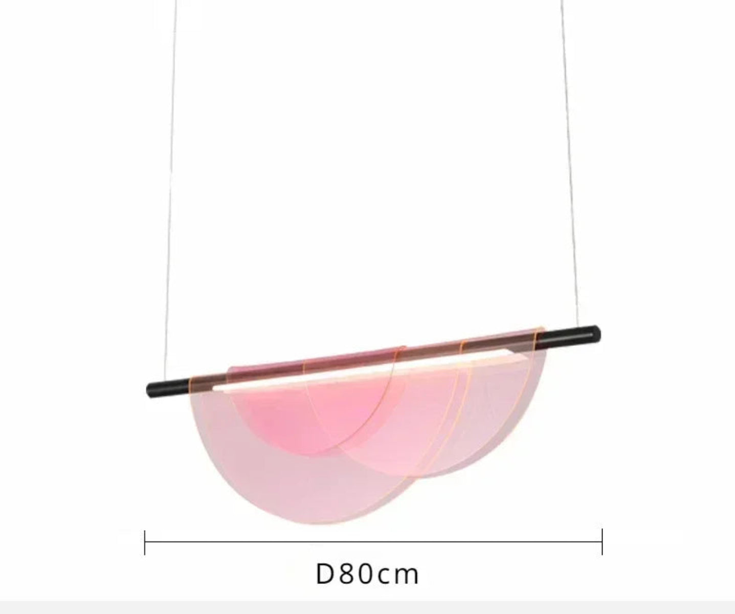 Pink iridescent acrylic petal pendant light measuring 80cm wide by 12cm deep by 25cm tall with a black hardware rod and LED dual color light source, shown on a white background with dimensions — LivDecor