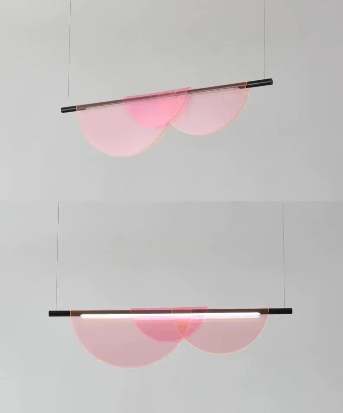 Pink iridescent acrylic petal pendant light shown in two views — warm pink glow and cool white light modes — suspended against a grey wall, demonstrating the dual color LED light source — LivDecor