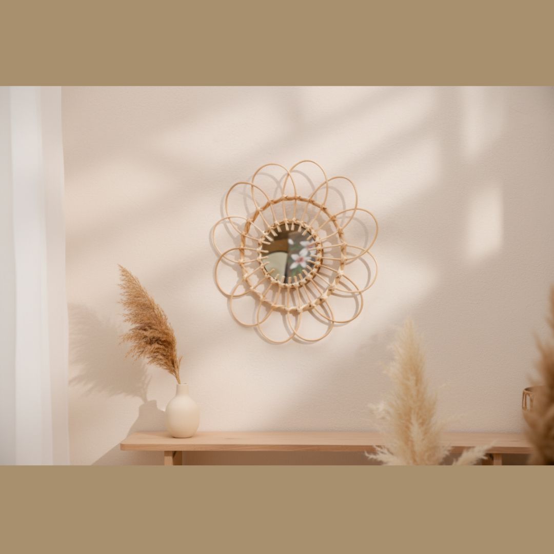 Round rattan flower wall mirror styled above a wood shelf with pampas grass in a warm neutral boho living space — LivDecor
