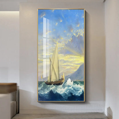 Sailboat navigating ocean waves at sunrise canvas wall art in a gold frame hung in a bright entryway lifestyle shot — LivDecor
