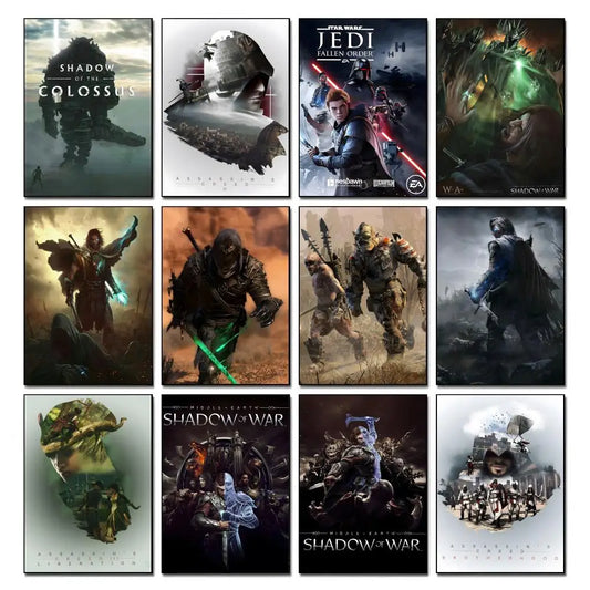 Sci-fi and fantasy gaming wall art poster collection grid featuring Assassin's Creed, Shadow of War, Elden Ring and more — LivDecor