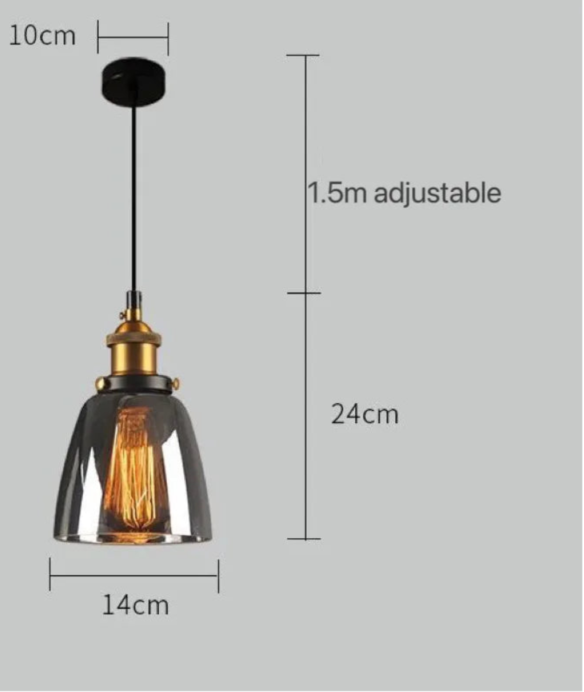 Smoke grey glass bell-shaped pendant light with brass Edison bulb fitting and black cord, showing dimensions of 14cm width and 24cm drop with 1.5m adjustable cord on a grey background — LivDecor
