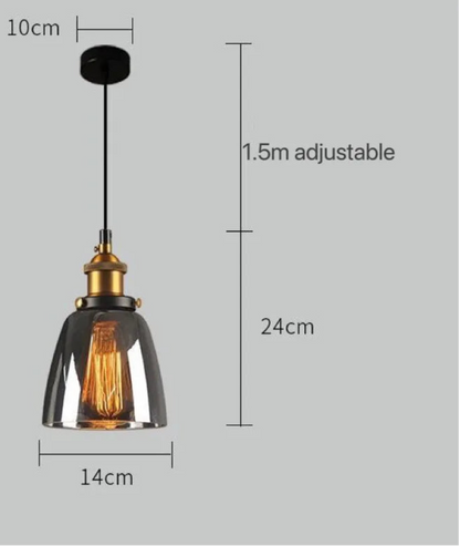 Smoke grey glass bell-shaped pendant light with brass Edison bulb fitting and black cord, showing dimensions of 14cm width and 24cm drop with 1.5m adjustable cord on a grey background — LivDecor