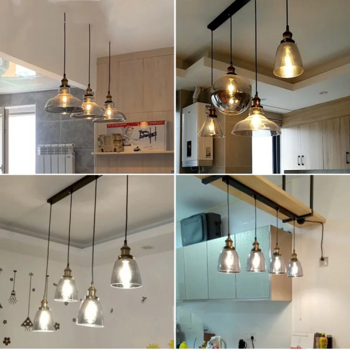 Smoke grey glass pendant lights installed in customer kitchens shown in four panel collage with brass and black fittings and Edison filament bulbs — LivDecor