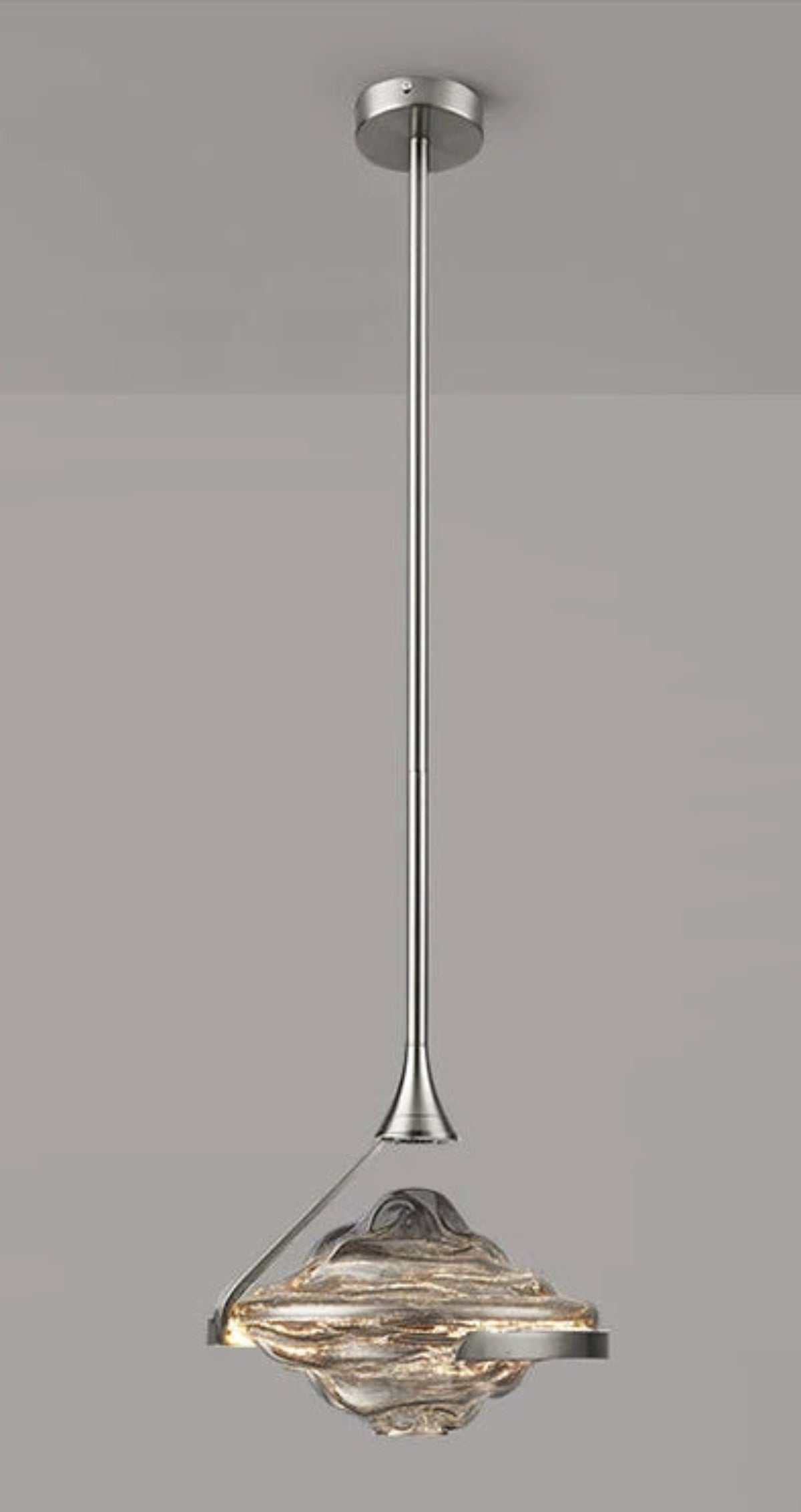 Single smoke wave glass geometric pendant light on a chrome stem with round ceiling canopy against a grey background — LivDecor