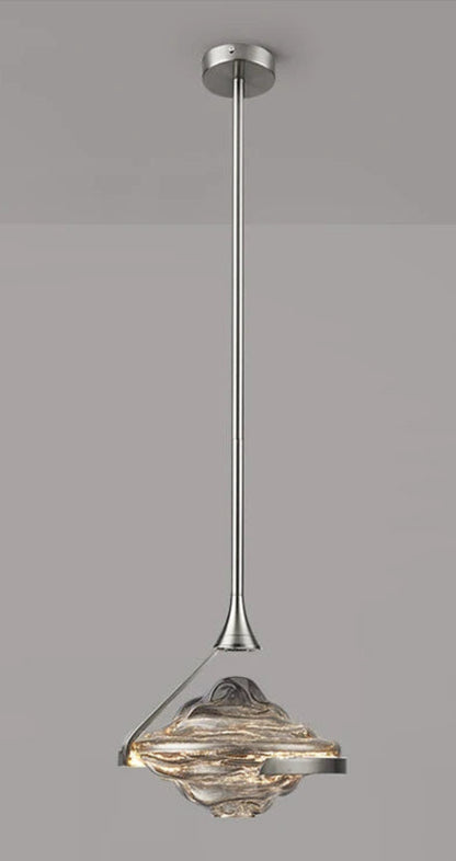 Single smoke wave glass geometric pendant light on a chrome stem with round ceiling canopy against a grey background — LivDecor