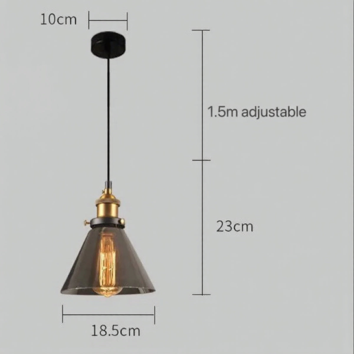 Smoky grey glass cone-shaped pendant light with brass Edison fitting and black cord, showing 18.5cm width and 23cm drop with 1.5m adjustable cord on a grey background — LivDecor
