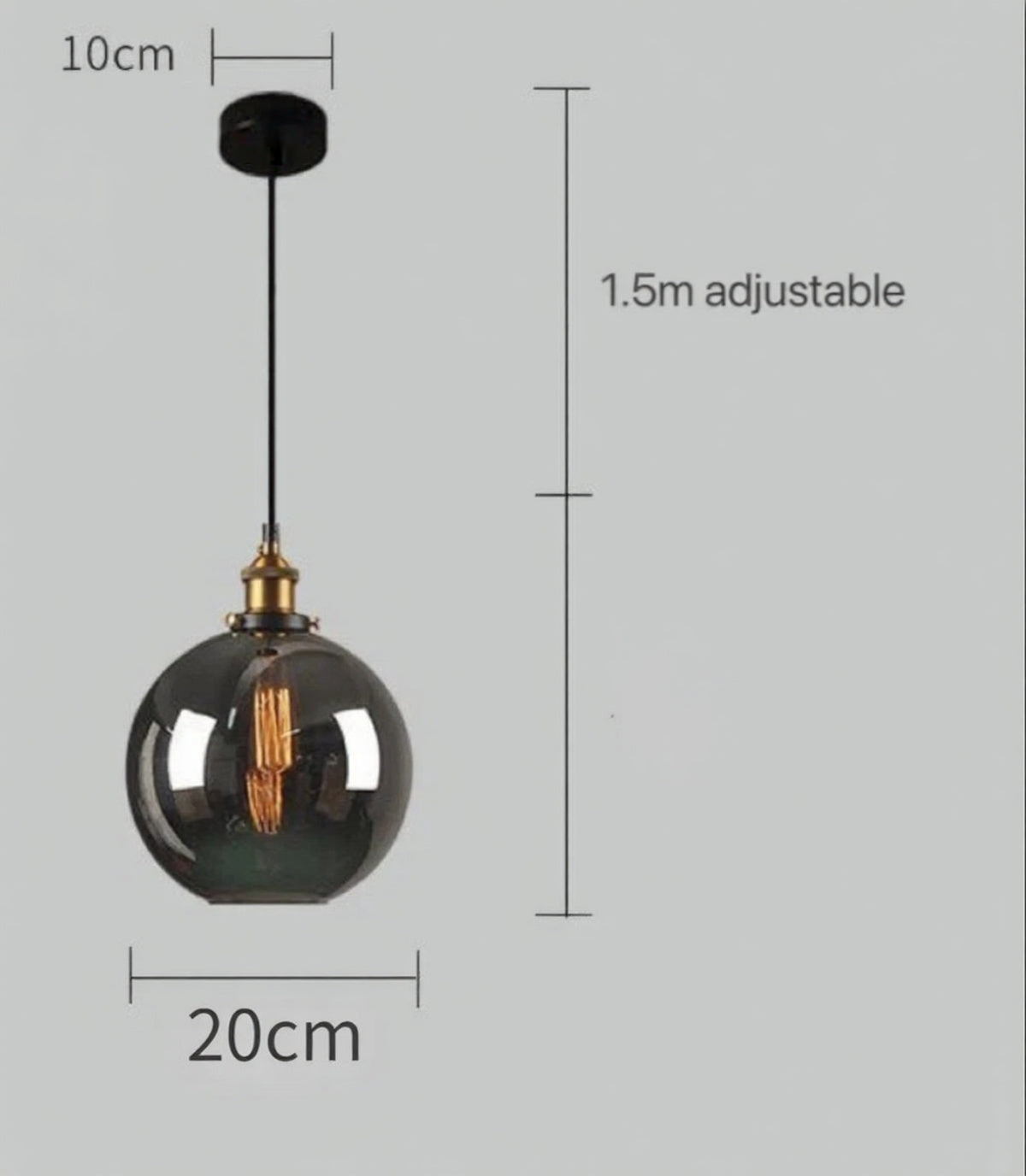 Smoky grey glass globe pendant light with brass Edison fitting and black cord, showing 20cm diameter and 1.5m adjustable cord on a grey background — LivDecor
