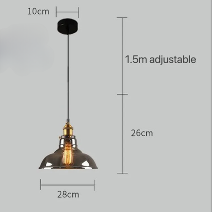 Smoky grey glass industrial dome pendant light with brass Edison fitting and black cord, showing 28cm width and 26cm drop with 1.5m adjustable cord on a grey background — LivDecor
