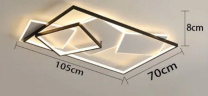 Dimension diagram of the Strata Linear geometric LED chandelier in black showing 105cm length, 70cm width, and 8cm height measurements on a grey background — LivDecor
