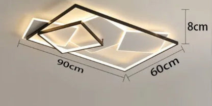 Dimension diagram of the Strata Linear geometric LED chandelier in black showing 90cm length, 60cm width, and 8cm height measurements on a grey background — LivDecor
