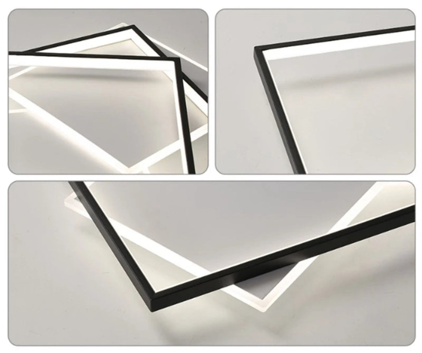 Three-panel macro detail collage of the Strata Linear geometric LED chandelier showing matte black frame construction, overlapping angular geometry, and cool white LED edge glow — LivDecor
