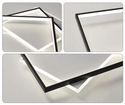 Three-panel macro detail collage of the Strata Linear geometric LED chandelier showing matte black frame construction, overlapping angular geometry, and cool white LED edge glow — LivDecor
