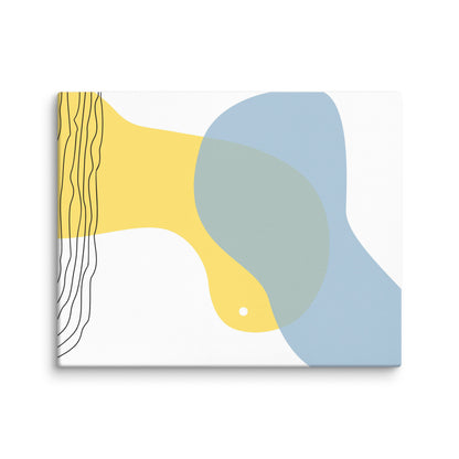 Sun & Shore abstract canvas print featuring sunny yellow, soft sage, and muted sky blue organic shapes with vertical line detail, 16×20 gallery-wrapped canvas — LivDecor
