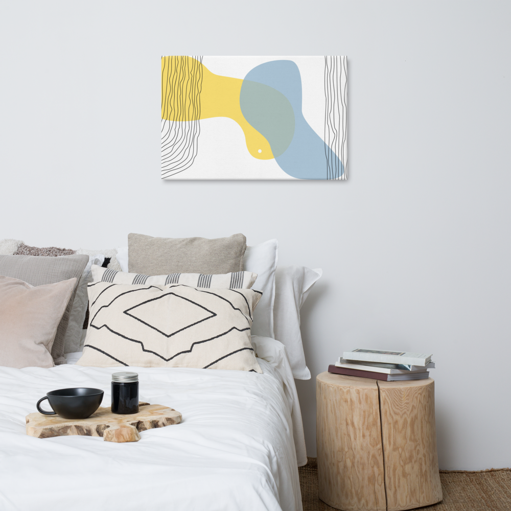Sun & Shore abstract canvas print in 24×36 hung above a styled bed with neutral linen bedding, wood stump side table, and black ceramic accents in a bright minimalist bedroom — LivDecor
