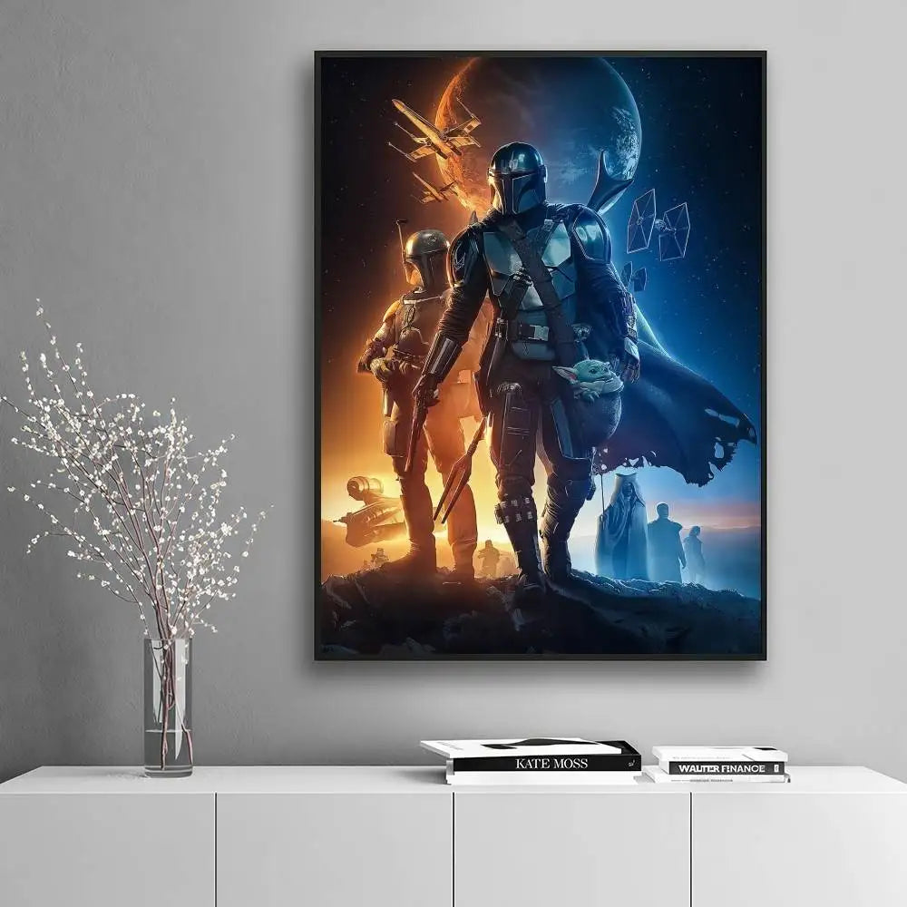 The Bounty Hunter Mandalorian holding Grogu with Boba Fett X-wings and TIE fighters fire and blue moon split cinematic poster displayed on a white minimalist console — LivDecor