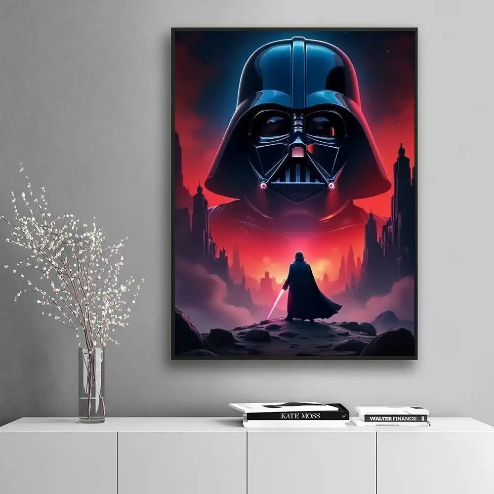 The Dark Lord giant Darth Vader helmet looming over cloaked figure with red lightsaber in crimson dark cityscape poster displayed on a white minimalist console — LivDecor

