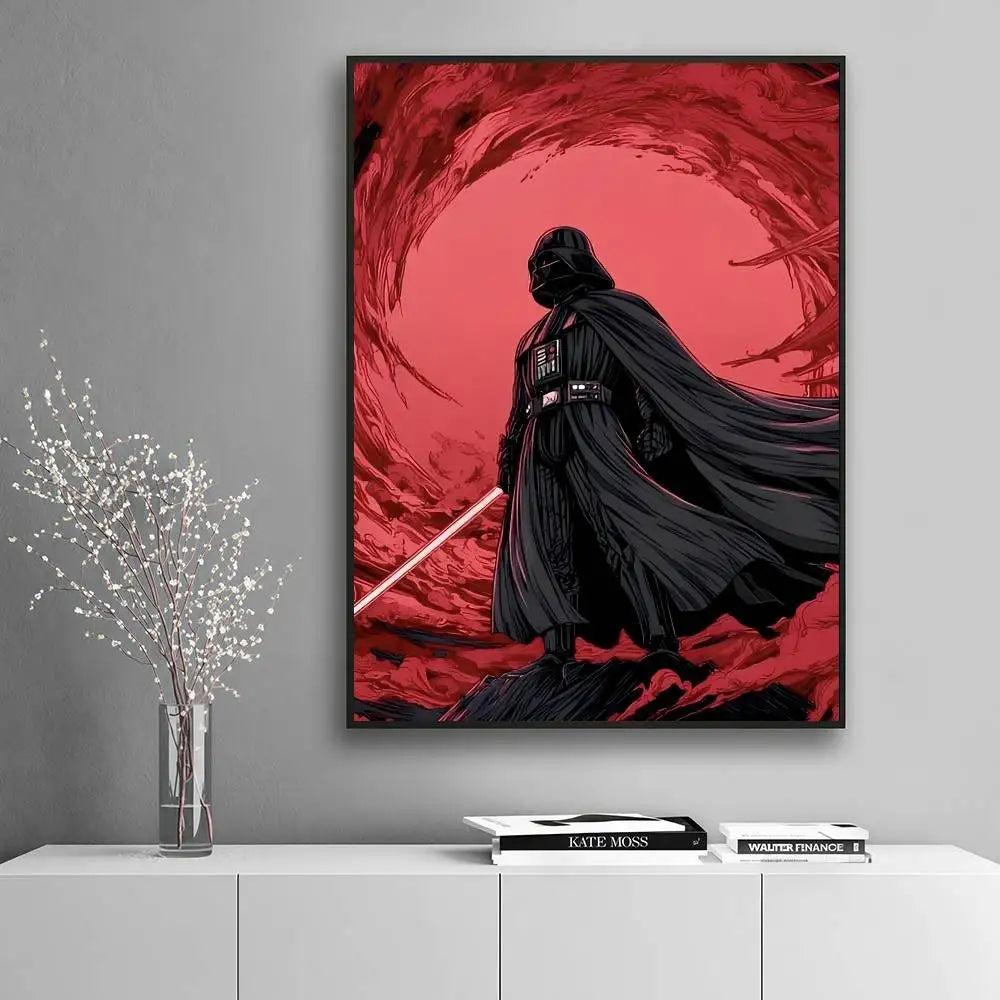 The Dark Lord Darth Vader full body cape billowing in swirling crimson vortex with lightsaber bold graphic art poster displayed on a white minimalist console — LivDecor

