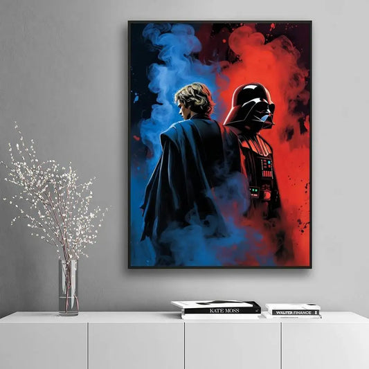 The Dark Lord duality Anakin Skywalker and Darth Vader back-to-back blue and red smoke comic art poster displayed on a white minimalist console — LivDecor
