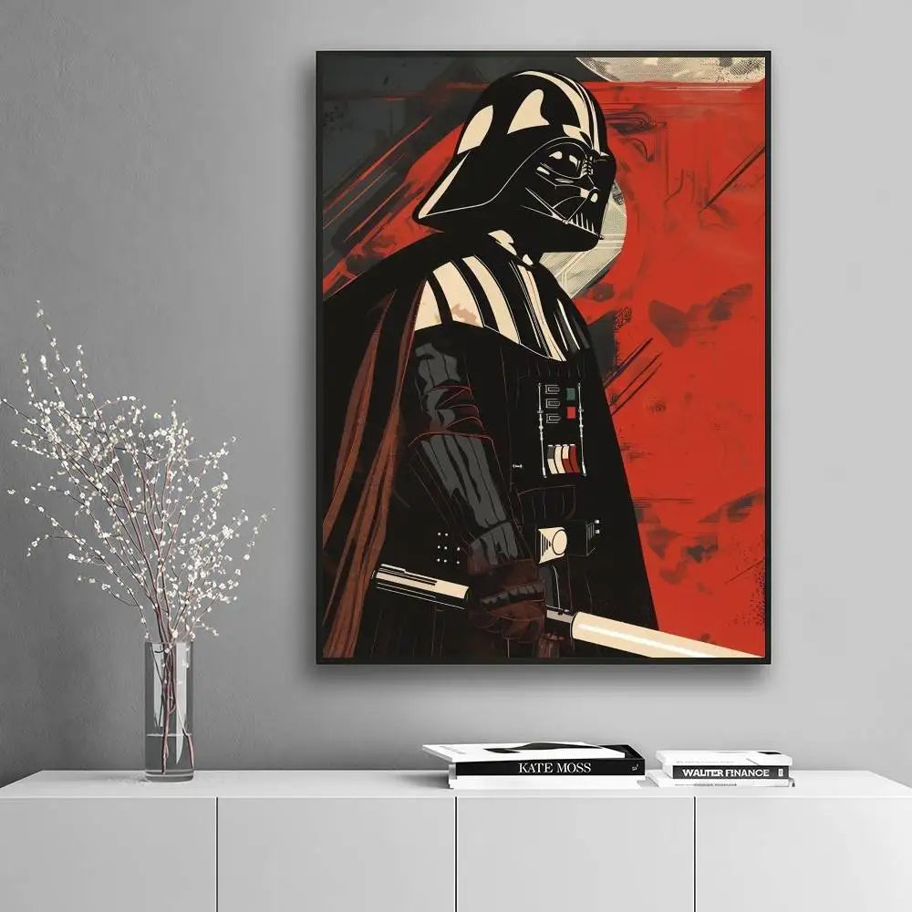 The Dark Lord Darth Vader profile with lightsaber bold red graphic comic art poster displayed on a white minimalist console — LivDecor
