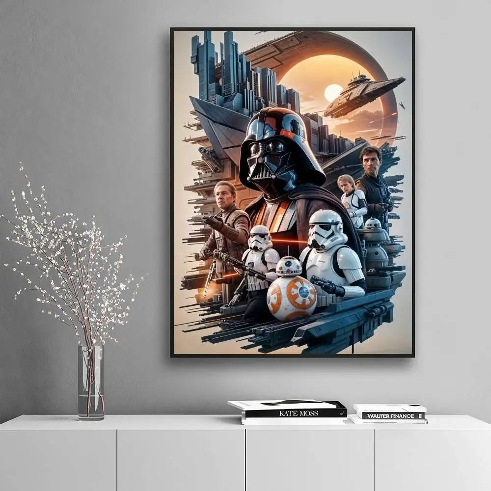 The Dark Lord epic saga collage Darth Vader stormtroopers BB-8 rebel fighters Death Star key art poster displayed on a white minimalist console — LivDecor
