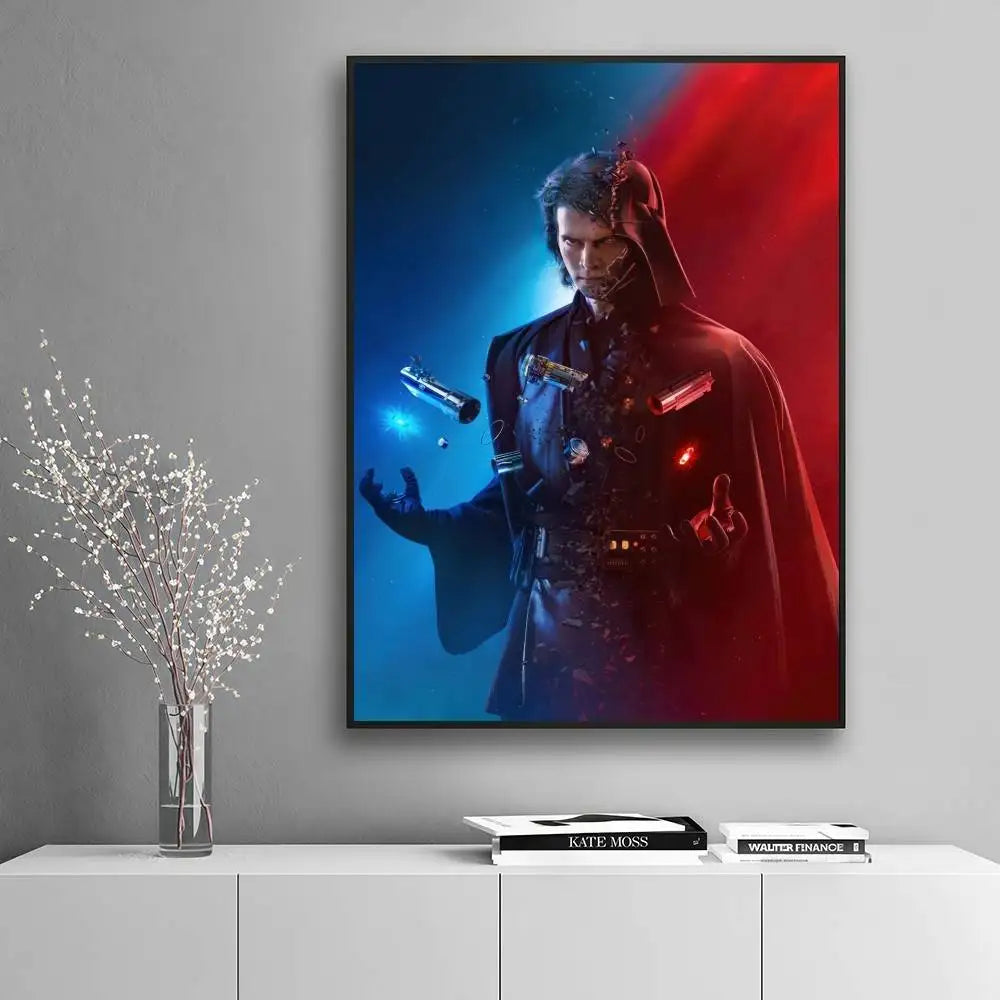 The Dark Lord Anakin to Darth Vader transformation split face blue and red light mechanical arm cinematic poster displayed on a white minimalist console — LivDecor
