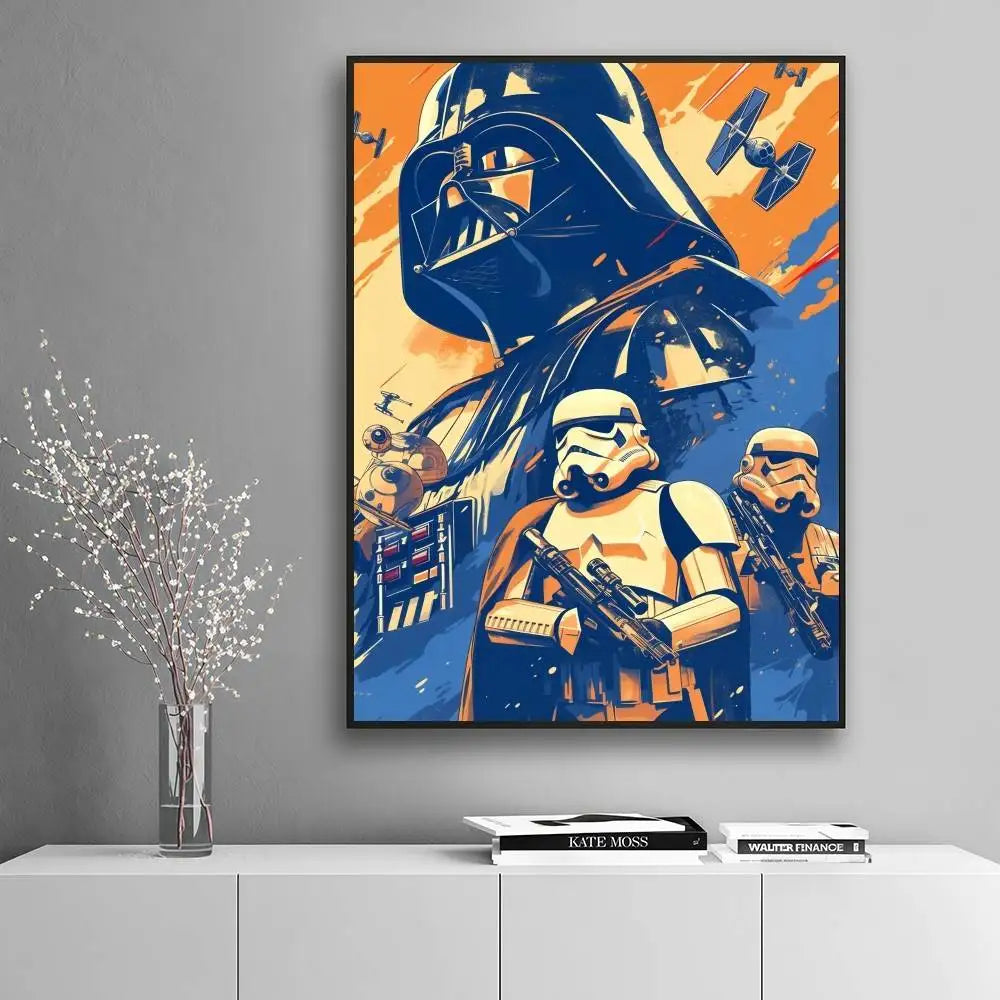 The Dark Lord Darth Vader looming over stormtroopers with TIE fighters bold orange and blue retro pop art poster displayed on a white minimalist console — LivDecor
