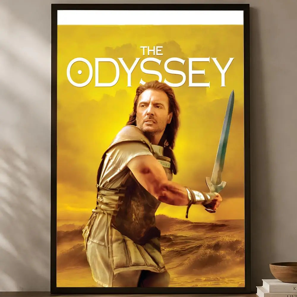 The Odyssey 1977 classic golden warrior Odysseus with sword raised bold yellow retro movie poster style displayed on a warm natural light shelf — LivDecor