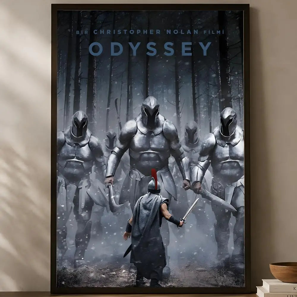The Odyssey Christopher Nolan cinematic lone warrior facing giant silver armored warriors in misty forest battle poster displayed on a warm natural light shelf — LivDecor
