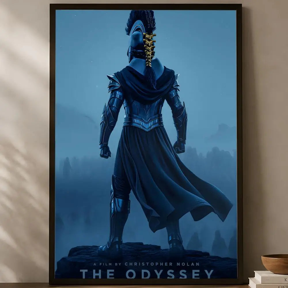 The Odyssey Christopher Nolan cinematic warrior from behind in deep blue armor with exposed golden spine overlooking misty cityscape poster displayed on a warm natural light shelf — LivDecor
