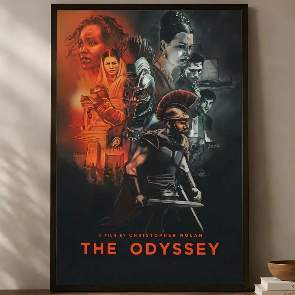 The Odyssey Christopher Nolan illustrated ensemble cast collage with Zendaya Anne Hathaway Tom Holland and warrior orange and grey split cinematic poster displayed on a warm natural light shelf — LivDecor
