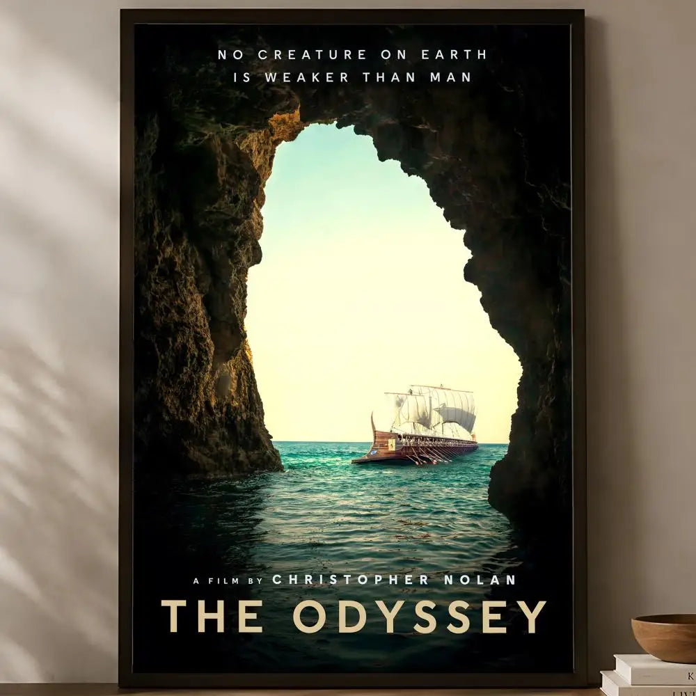 The Odyssey Christopher Nolan official cinematic Greek ship framed through sea cave arch with teal water no creature on earth quote poster displayed on a warm natural light shelf — LivDecor
