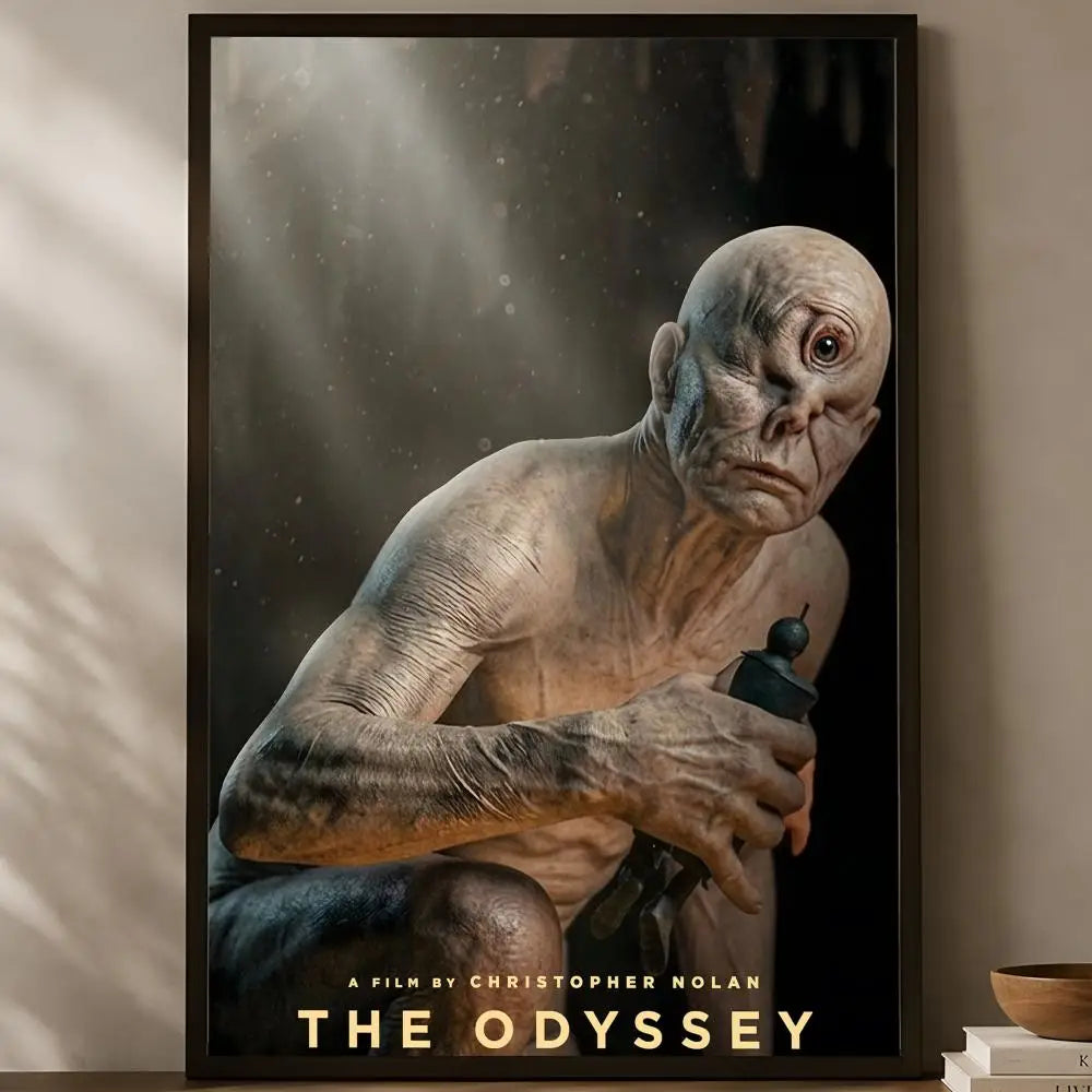 The Odyssey Christopher Nolan cinematic haunting close-up Cyclops one-eyed creature portrait with dramatic light rays poster displayed on a warm natural light shelf — LivDecor
