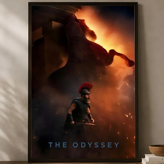 The Odyssey Christopher Nolan cinematic tiny warrior with red-plumed helmet facing giant Cyclops in fiery inferno poster displayed on a warm natural light shelf — LivDecor

