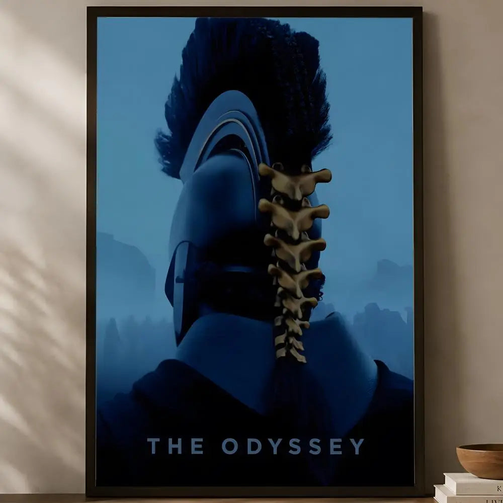The Odyssey Christopher Nolan cinematic close-up warrior from behind with exposed golden spine and dark feathered plume deep blue mist poster displayed on a warm natural light shelf — LivDecor

