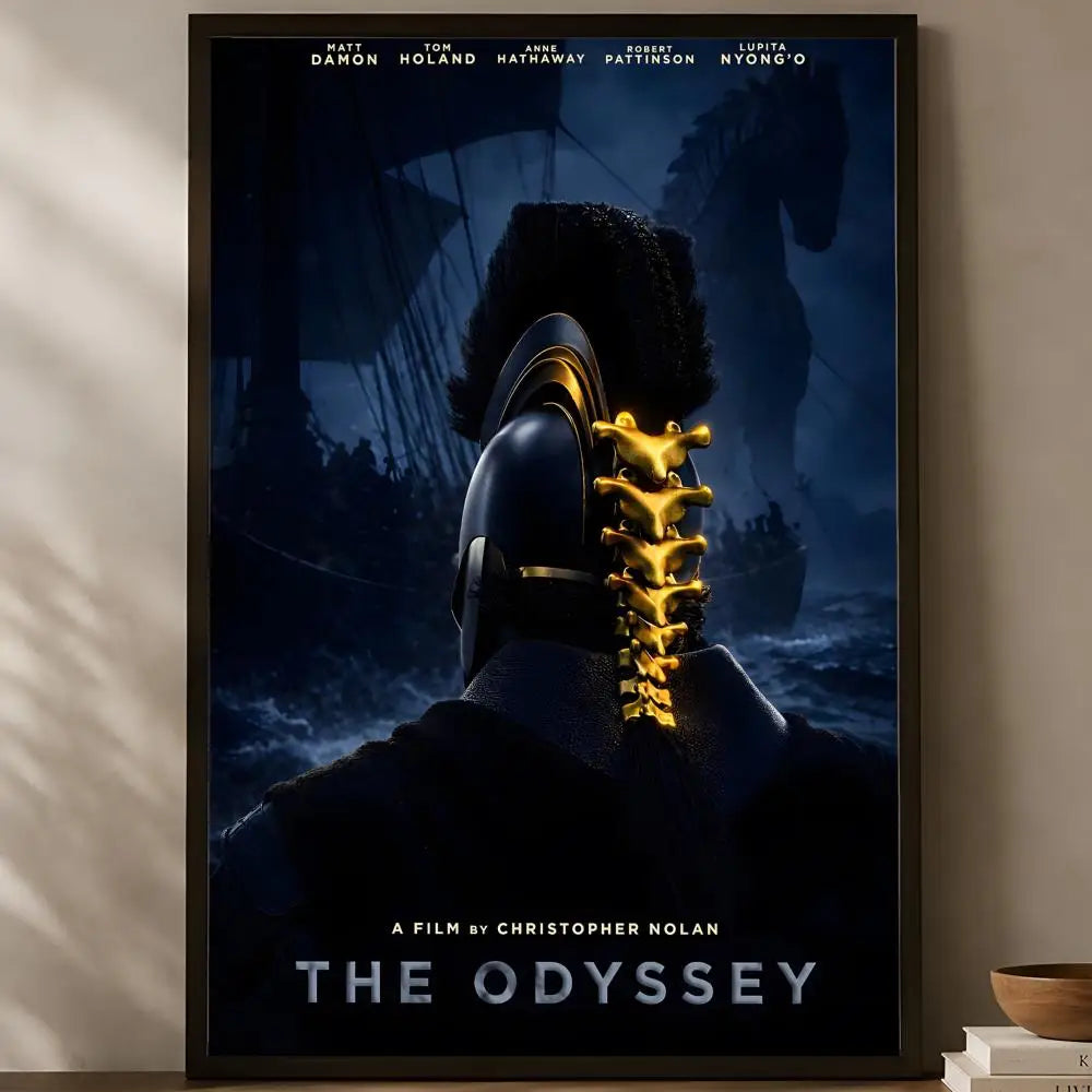 The Odyssey Christopher Nolan official key art warrior from behind with glowing golden spine and dark fleet in stormy seas poster displayed on a warm natural light shelf — LivDecor
