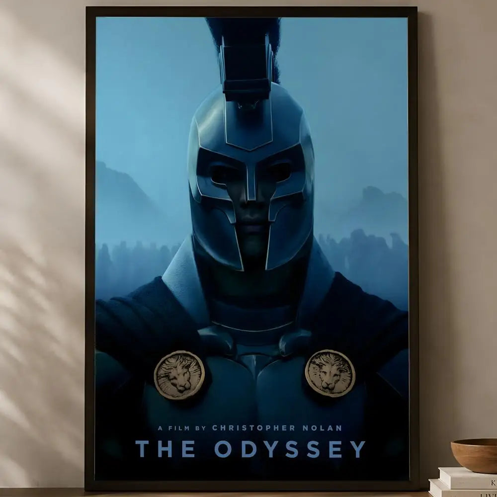 The Odyssey Christopher Nolan cinematic close-up full-face Greek warrior helmet with lion medallions deep blue mist and army silhouettes poster displayed on a warm natural light shelf — LivDecor
