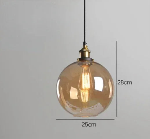 Vintage Edison industrial glass pendant light in amber globe shade with gold socket and Edison filament bulb — 25cm diameter — LivDecor