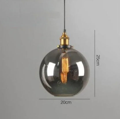 Vintage Edison industrial glass pendant light in smoky grey globe shade with gold socket and Edison filament bulb — 20cm diameter — LivDecor