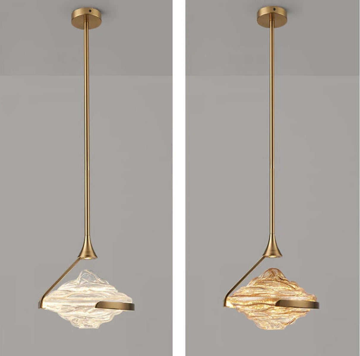 Side-by-side comparison of clear and amber wave glass geometric pendant lights both on gold stems with round ceiling canopy against a grey background — LivDecor