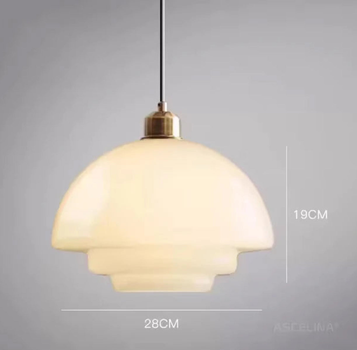 White glass dome-shaped tiered pendant light measuring 28cm wide by 19cm tall with a brass fitting and black cord, shown with dimensions on a grey background — LivDecor