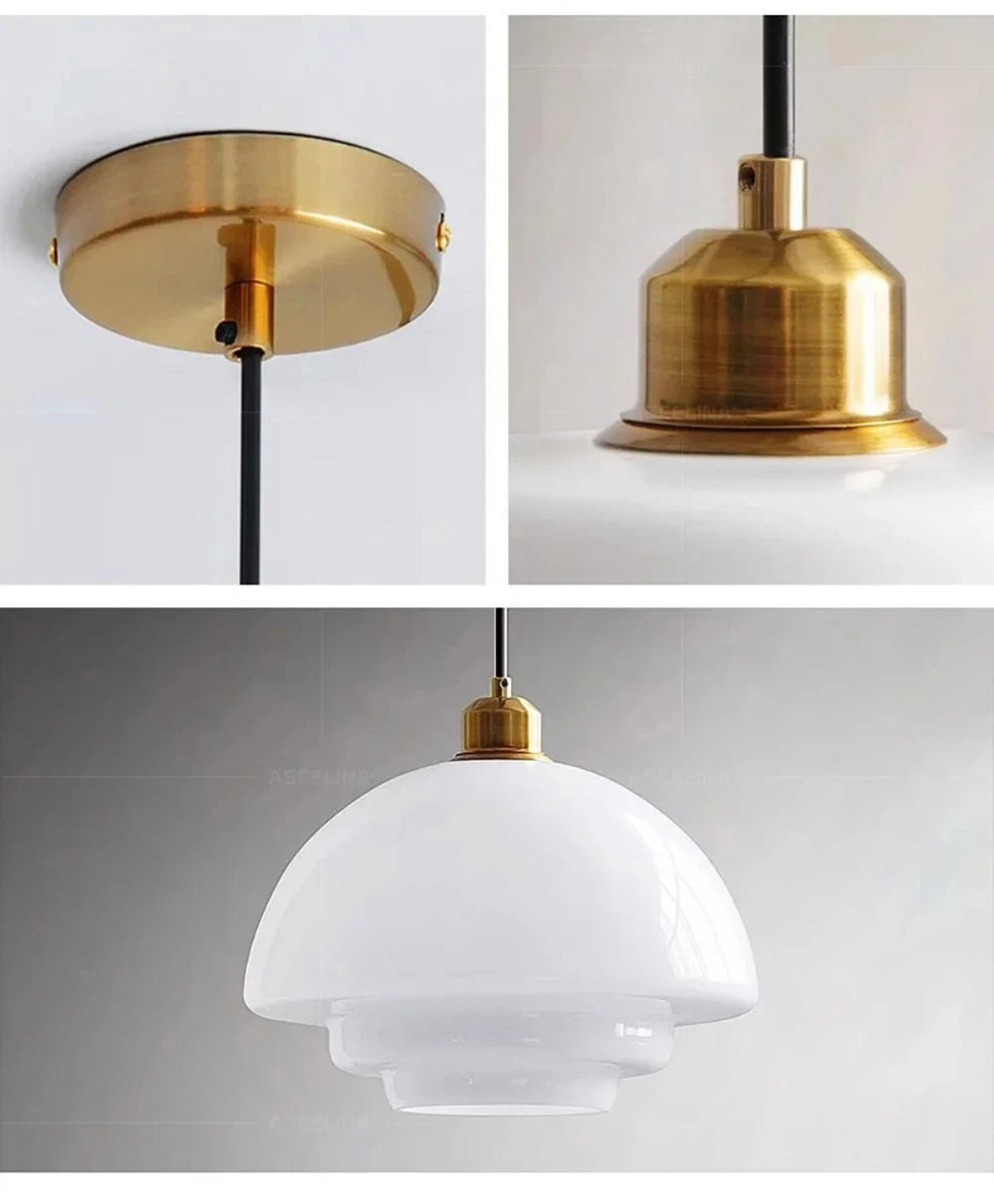 Detail shots of the white glass pendant light showing the polished brass ceiling canopy, brass socket fitting, and full pendant hanging view — LivDecor