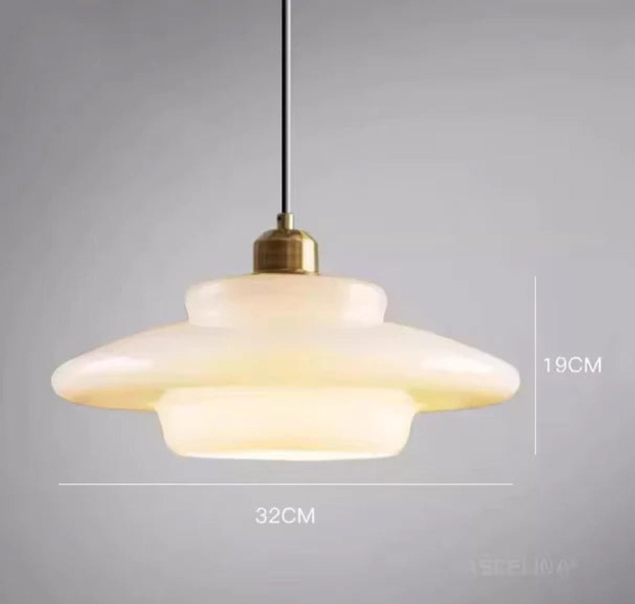 White glass saucer-shaped tiered pendant light measuring 32cm wide by 19cm tall with a brass fitting and black cord, shown with dimensions on a grey background — LivDecor