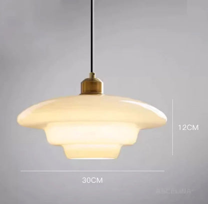 White glass tiered pendant light measuring 30cm wide by 12cm tall with a brass fitting and black cord, shown with dimensions on a grey background — LivDecor