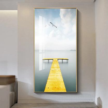 Yellow wooden dock extending over a misty lake minimalist canvas wall art in a gold frame with seagulls in a soft grey sky — LivDecor
